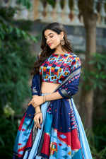 Thumbnail for Vastranavya Printed and Foil Work Tussar Silk Lehenga with Unstitched Blouse - Sky Blue - Distacart