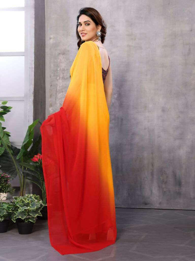 Partywear Designer Yellow & Red Georgette Fancy Saree - Satrangi - Distacart