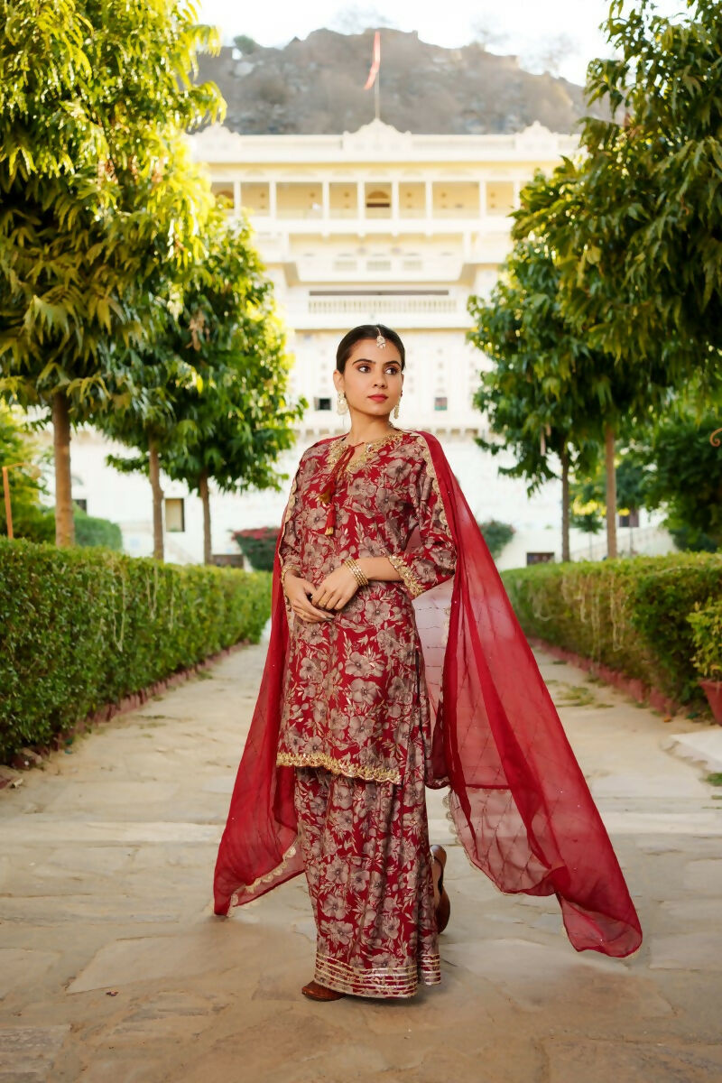 Vaasva Women Maroon Muslin Floral & Embroidered Cut Work Kurta ,Sharara & Dupatta set - Distacart