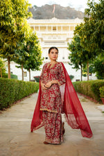 Thumbnail for Vaasva Women Maroon Muslin Floral & Embroidered Cut Work Kurta ,Sharara & Dupatta set - Distacart