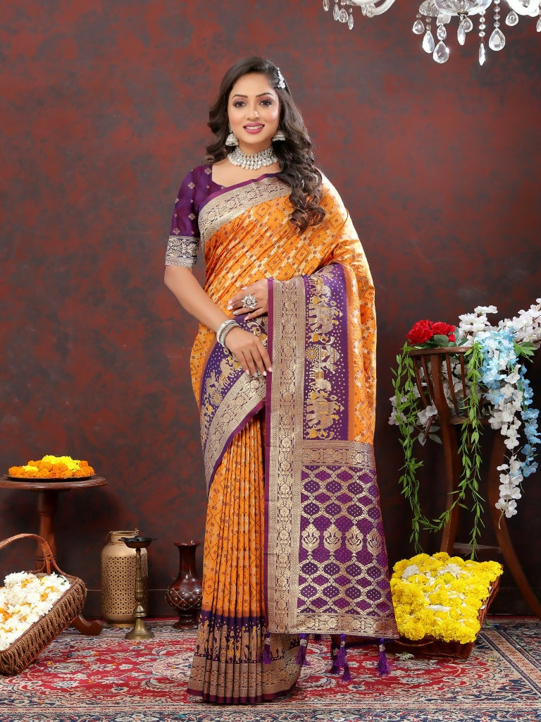 Vastranavya Orange Soft Patola Silk With Meenakari Weaving Motifs And Rich Zari Weaving Pallu Saree With Matching Blouse Fabric - Distacart