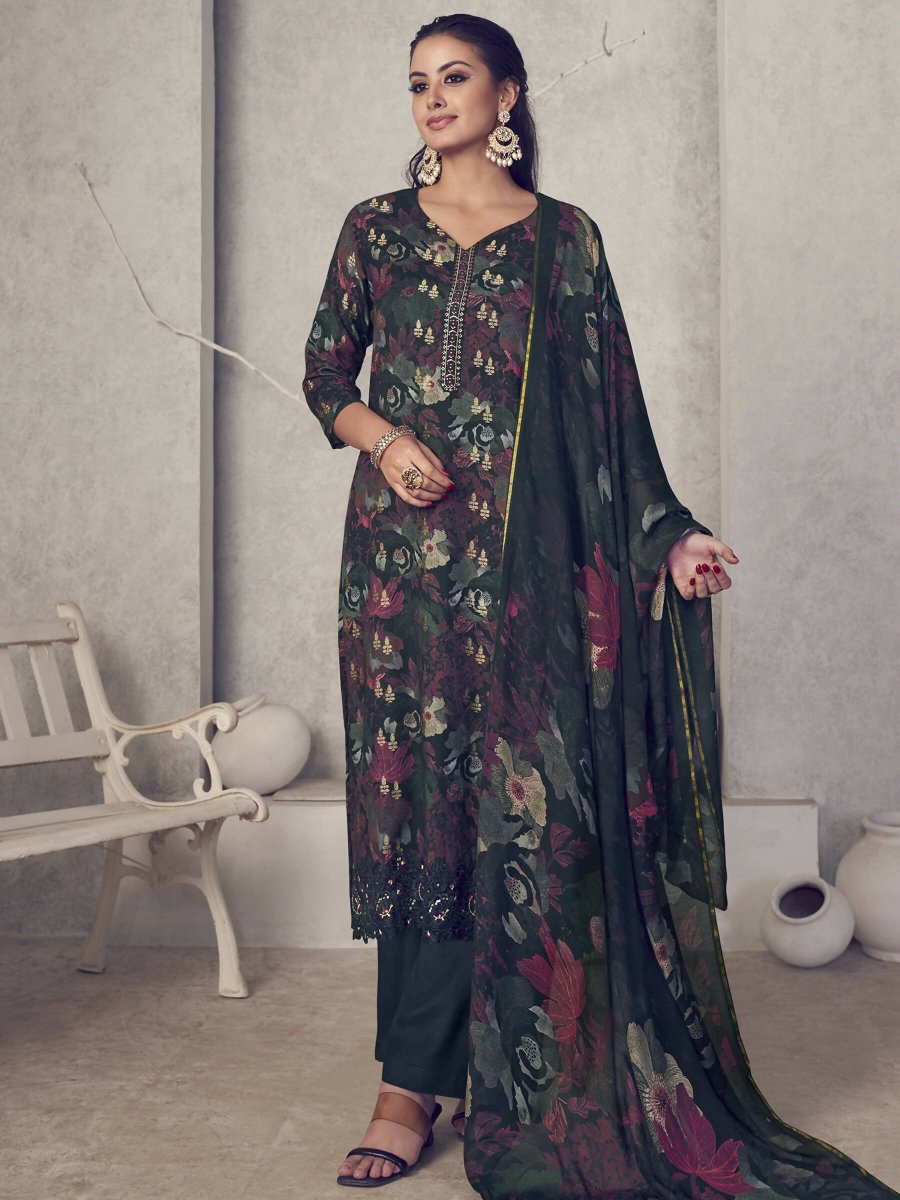 Aastha Fashion Women's Black Pure Pashmina Digital Print with Jacquard Woven Kurta with Trouser & Dupatta - Distacart