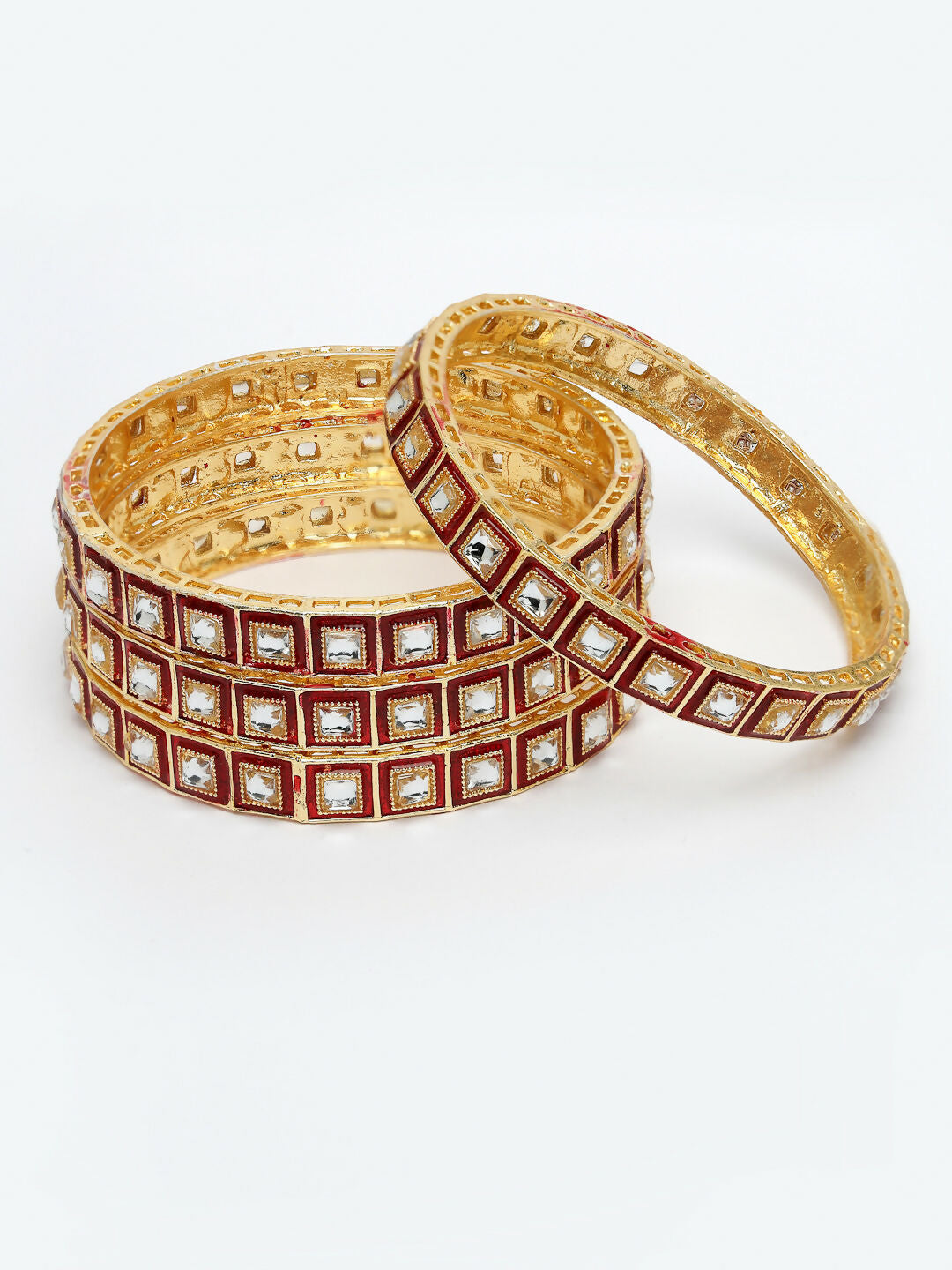 NVR Women's Set Of 4 Gold-Plated Red Kundan-Studded Traditional Bangles - Distacart