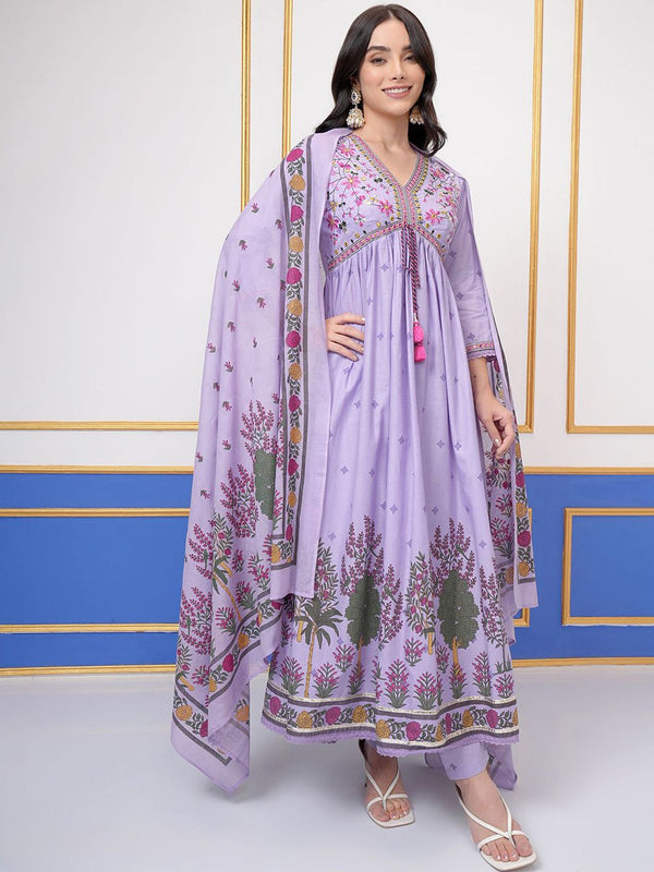 Vishudh Floral Printed Empire Thread Work Pure Cotton A-Line Kurta & Trouser With Dupatta - Distacart