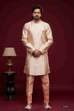 Thumbnail for Raivat Ethnic Banarasi Jacquard Embroidery Semi Indo Western Sherwani In Peach Colour
