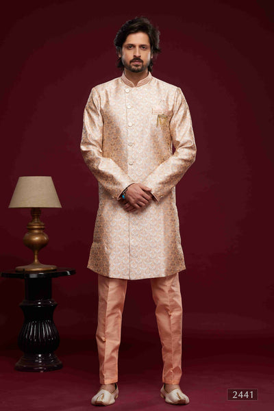 Raivat Ethnic Banarasi Jacquard Embroidery Semi Indo Western Sherwani In Peach Colour