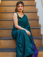 Thumbnail for Zibaa Hand-Dyed Mul Cotton Peacock Green Saree with Tassels
