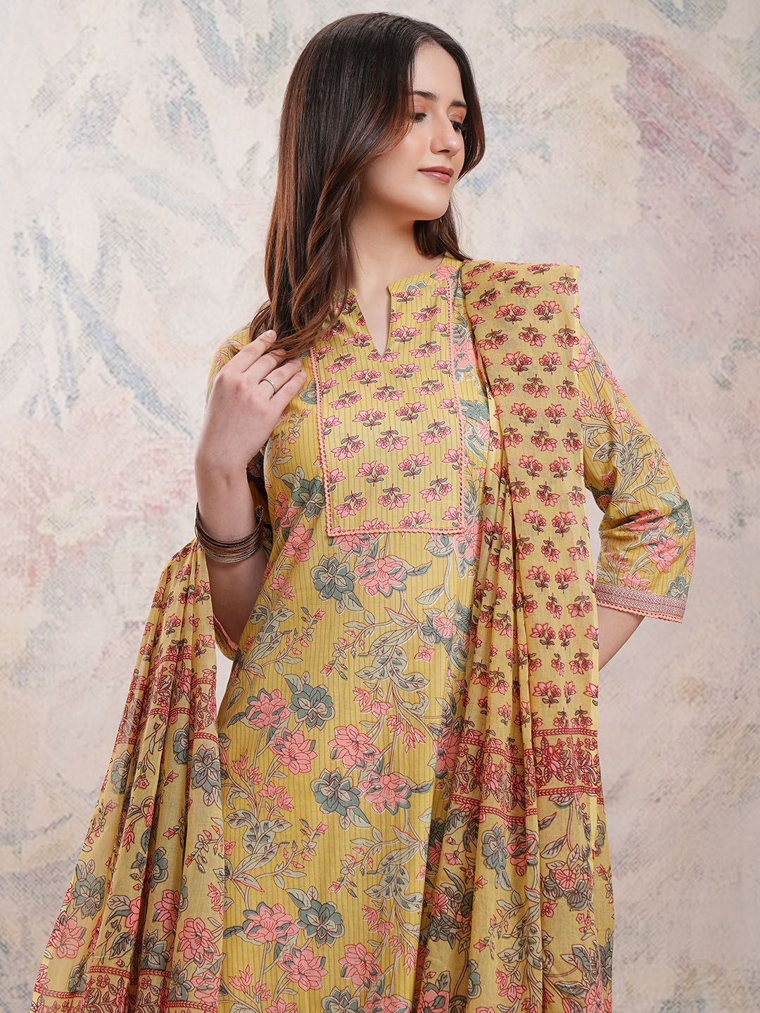 Vishudh Floral Printed Pure Cotton Kurta With Trousers & Dupatta - Distacart