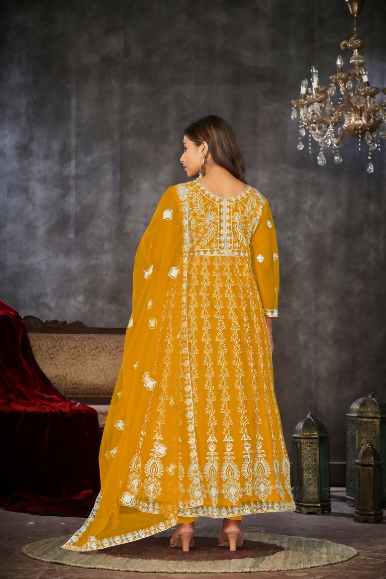 Jyoti Fashion Women's Yellow Net Embroidered Anarkali Kurta Pant Set With Dupatta
