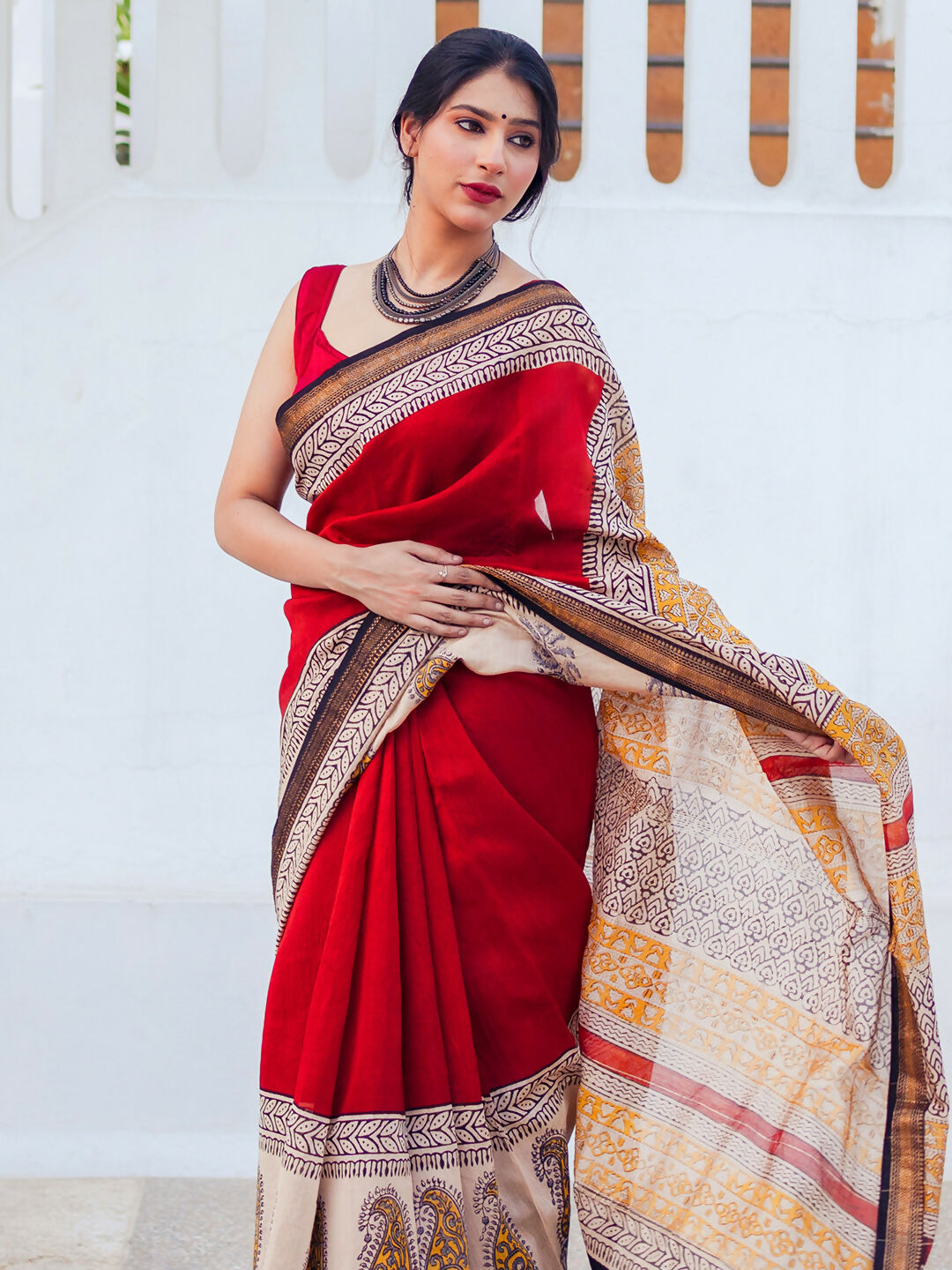 Zibaa Hand-Blocked Pure Maheshwari Silk Red Saree