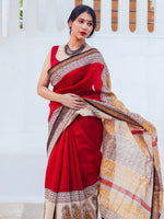 Thumbnail for Zibaa Hand-Blocked Pure Maheshwari Silk Red Saree