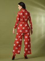 Thumbnail for Myshka Women's Rust Printed Polo Collar Party Top With Trousers Co-ord set - Distacart