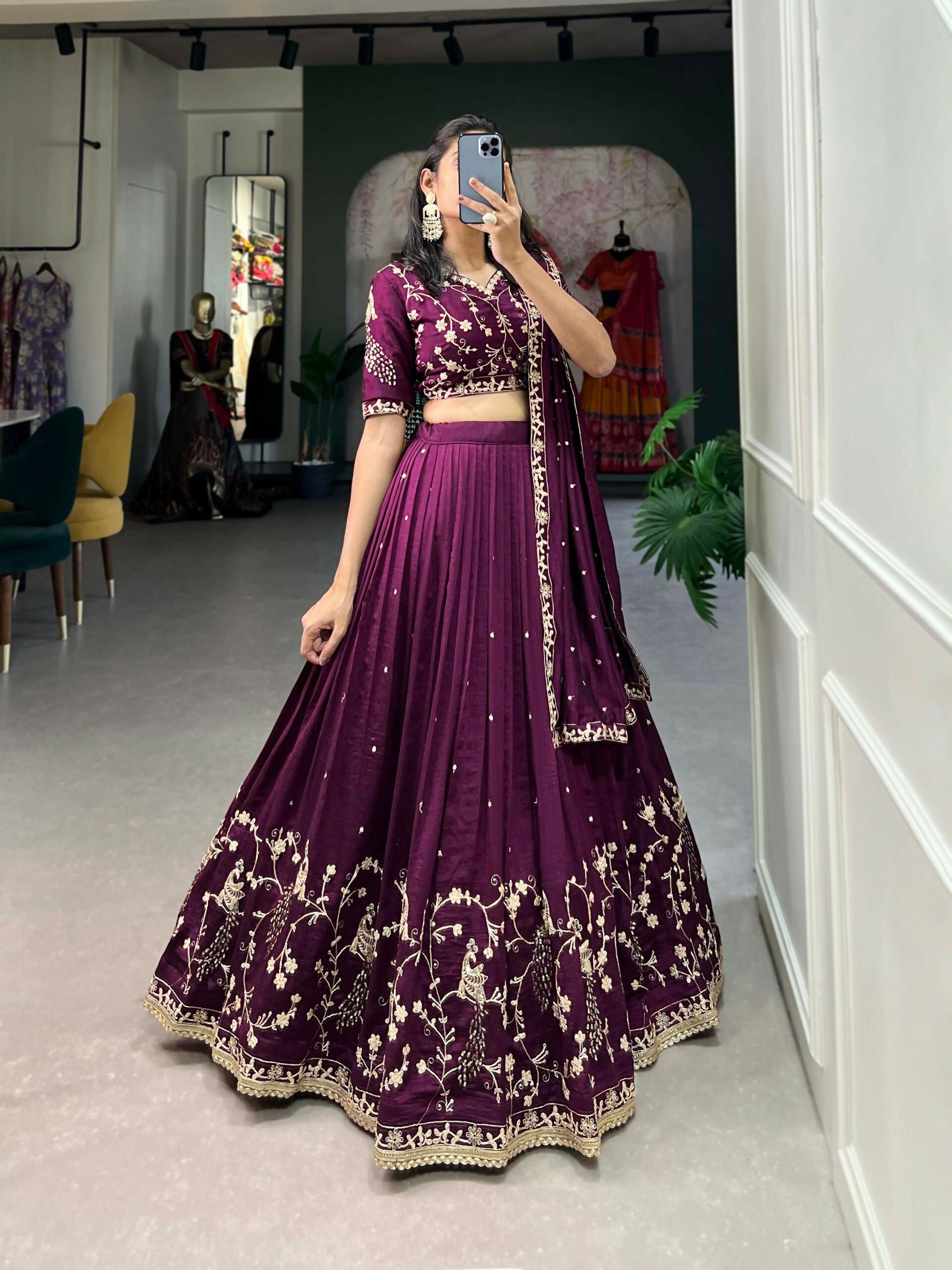 Vastranavya Vichitra Silk Sequins And Thread Embroidery Work Lehenga Choli - Wine - Distacart