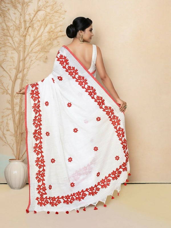 Joban Fashion White & Red Cotton Applic Saree