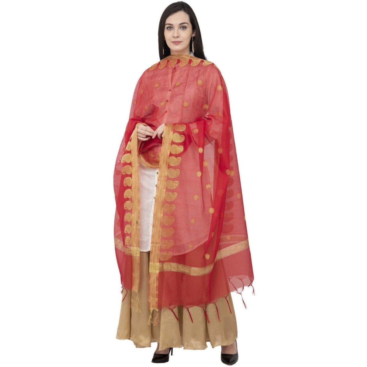 A R SILK VNS Ambi Border Fancy Dupatta Red Color Dupatta or Chunni