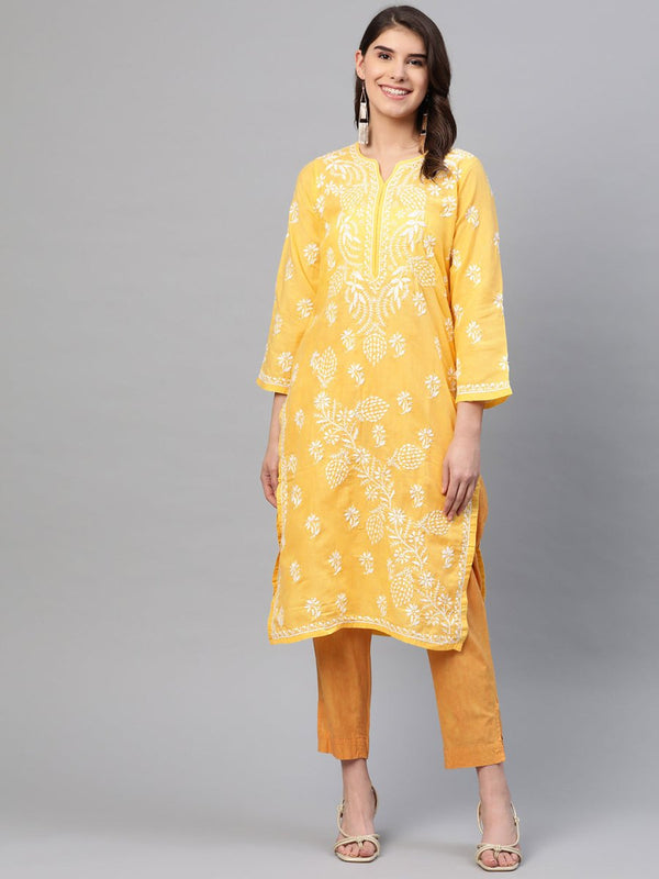 ADA Women Yellow & White Chikankari Embroidered Straight Sustainable Handloom Kurta - Distacart