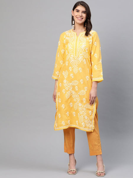ADA Women Yellow & White Chikankari Embroidered Straight Sustainable Handloom Kurta - Distacart