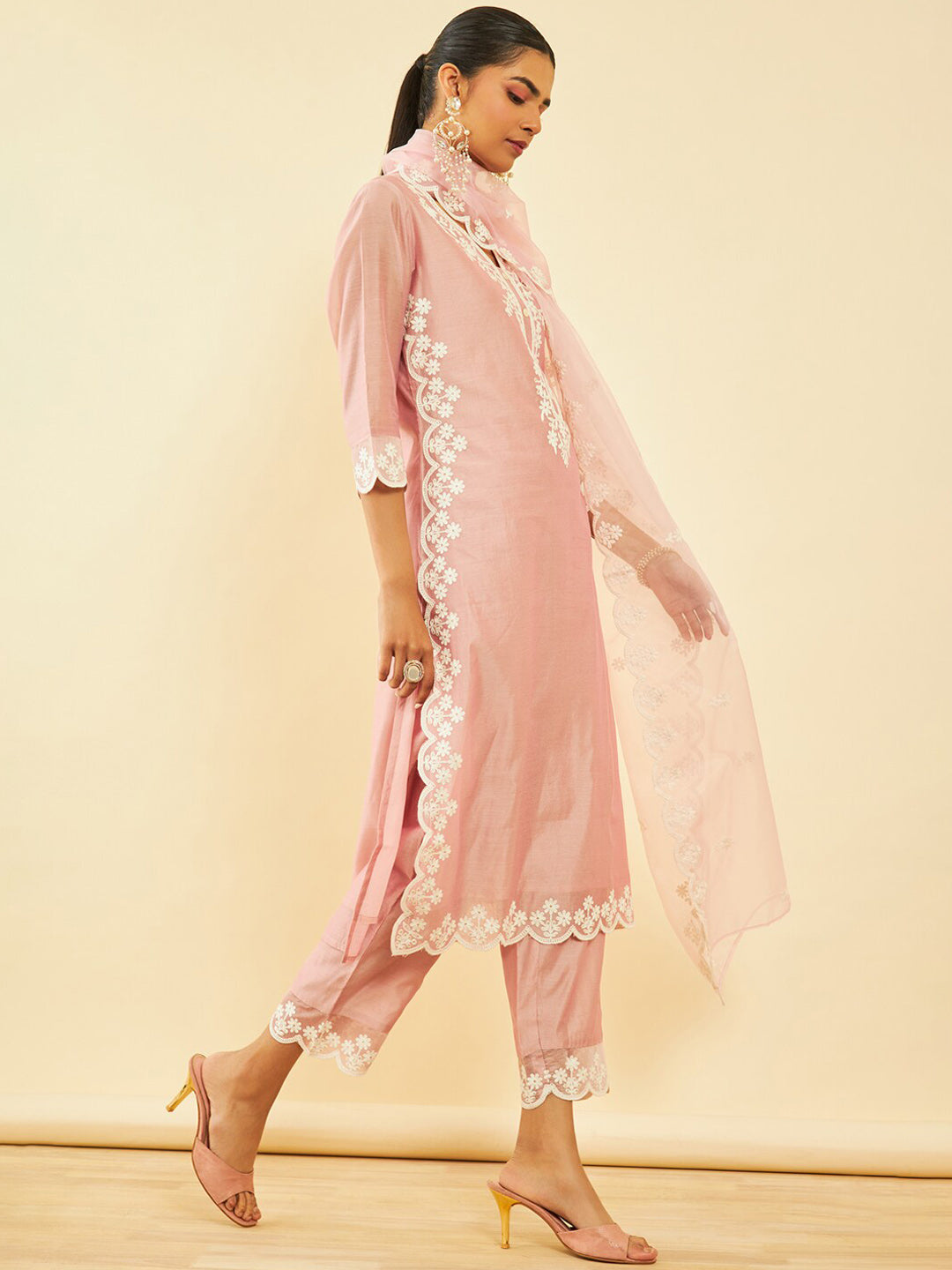 Soch Ethnic Motifs Embroidered Regular Chanderi Silk Kurta with Trousers & Dupatta - Distacart