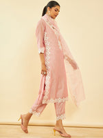 Thumbnail for Soch Ethnic Motifs Embroidered Regular Chanderi Silk Kurta with Trousers & Dupatta - Distacart