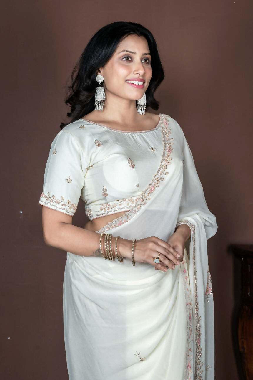 Morchari Off White Chiffon Hand Embroidery Saree And Stitched Blouse