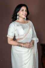 Thumbnail for Morchari Off White Chiffon Hand Embroidery Saree And Stitched Blouse