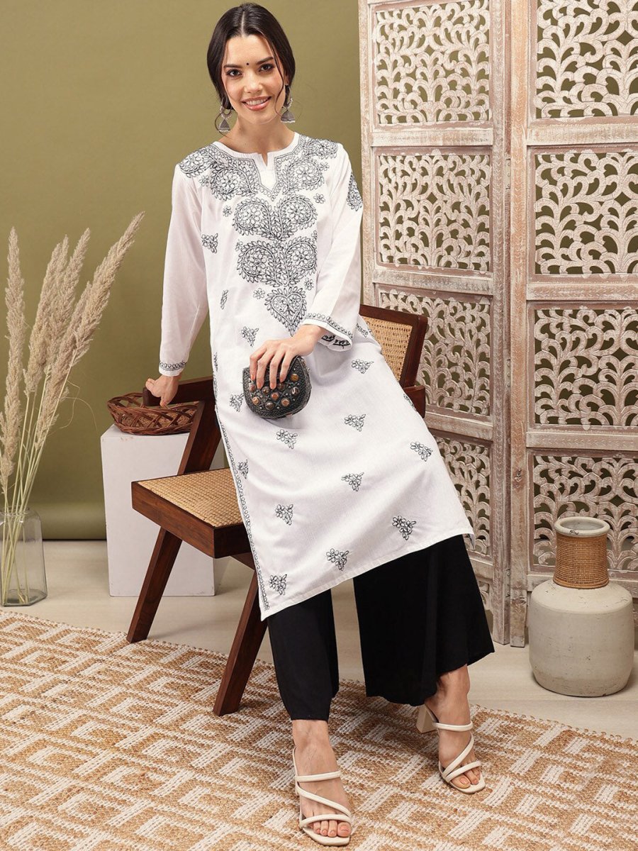 ADA Ethnic Motifs Embroidered Notch Neck Cotton Chikankari Straight Kurta - Distacart