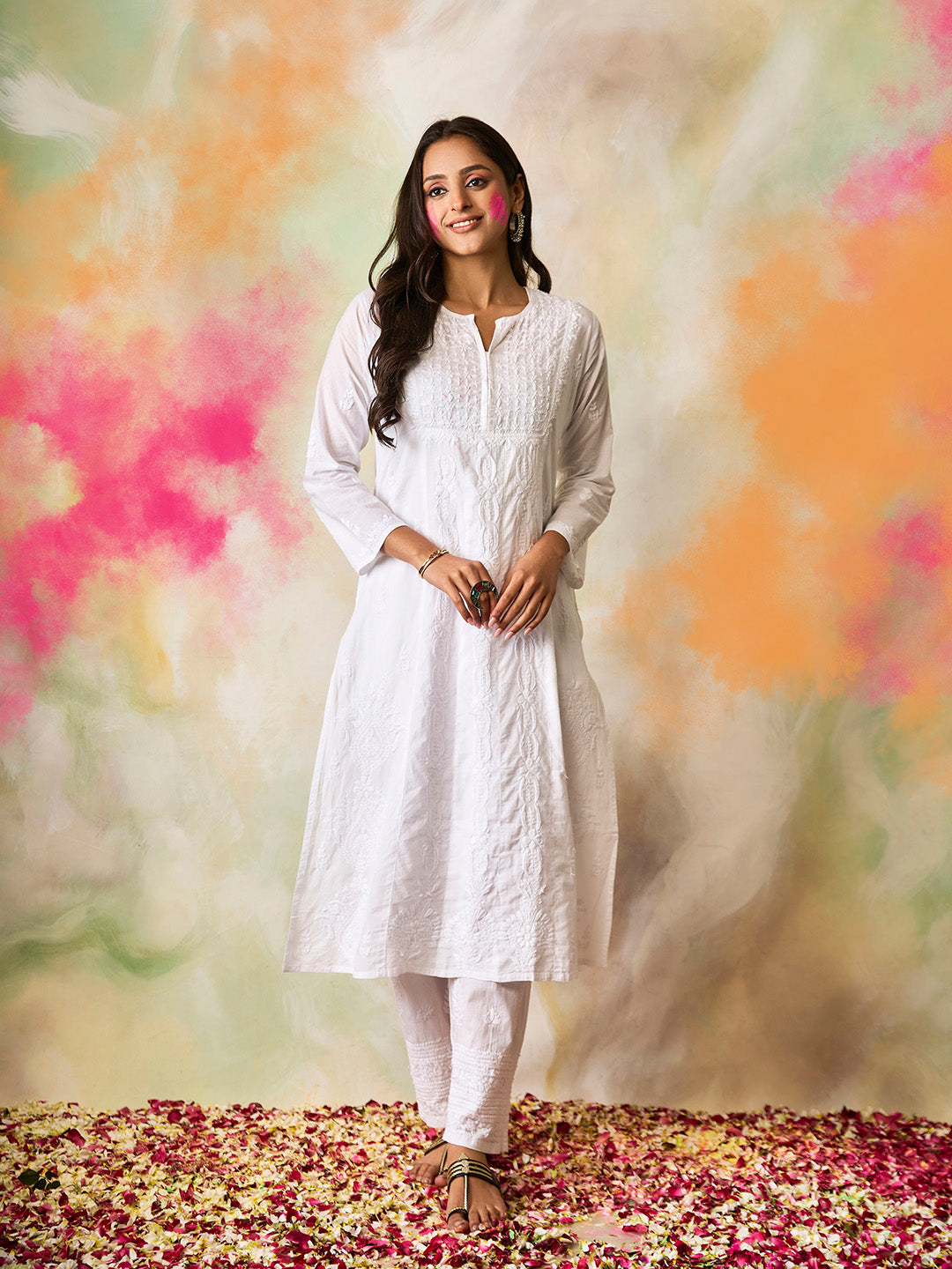 HOUSE OF KARI Notched Neck Ethnic Motifs Embroidered Chikankari Cotton Kurta - Distacart