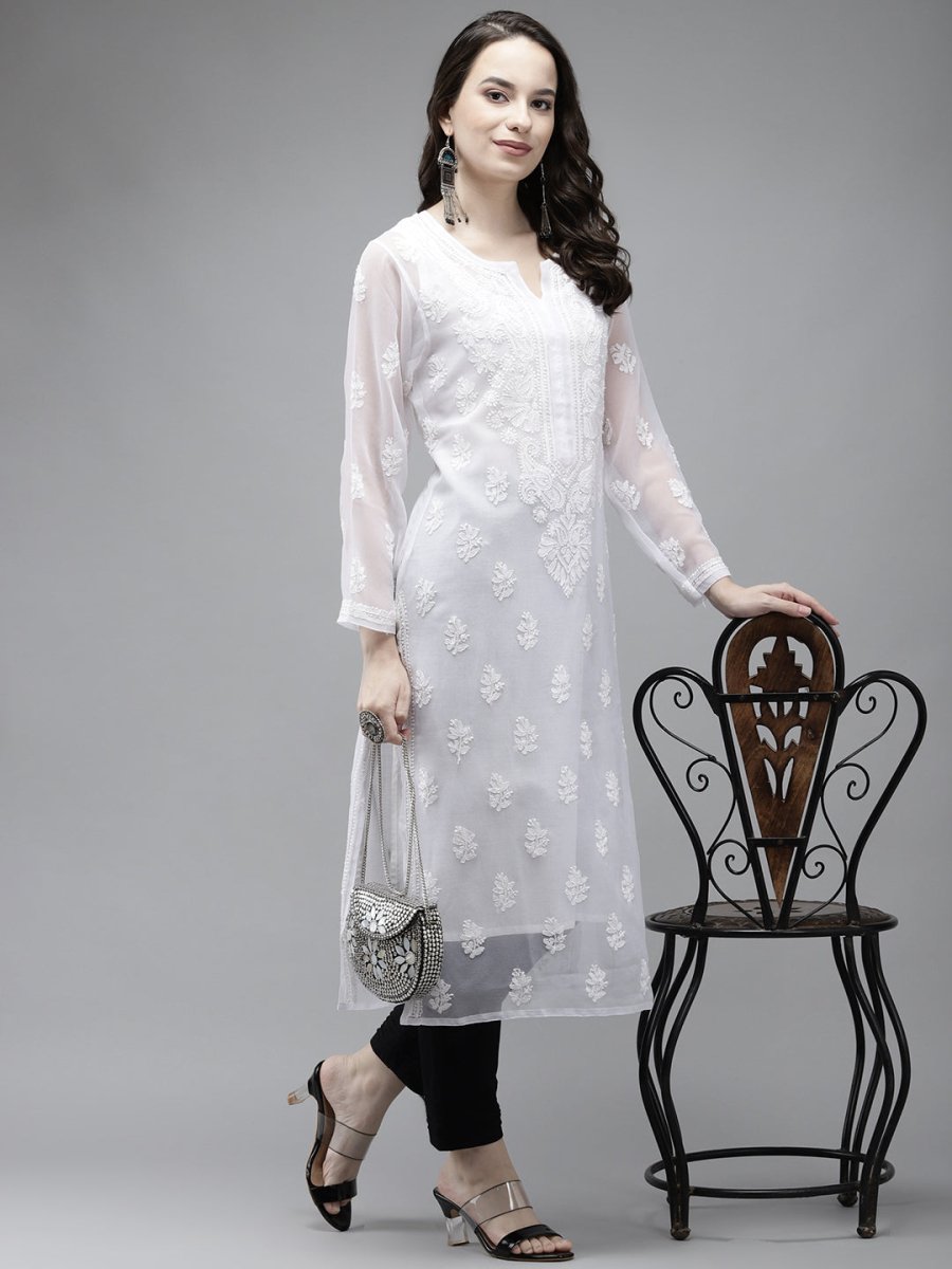 ADA Women White Ethnic Motifs Regular Chikankari Handloom Kurta with Palazzos - Distacart