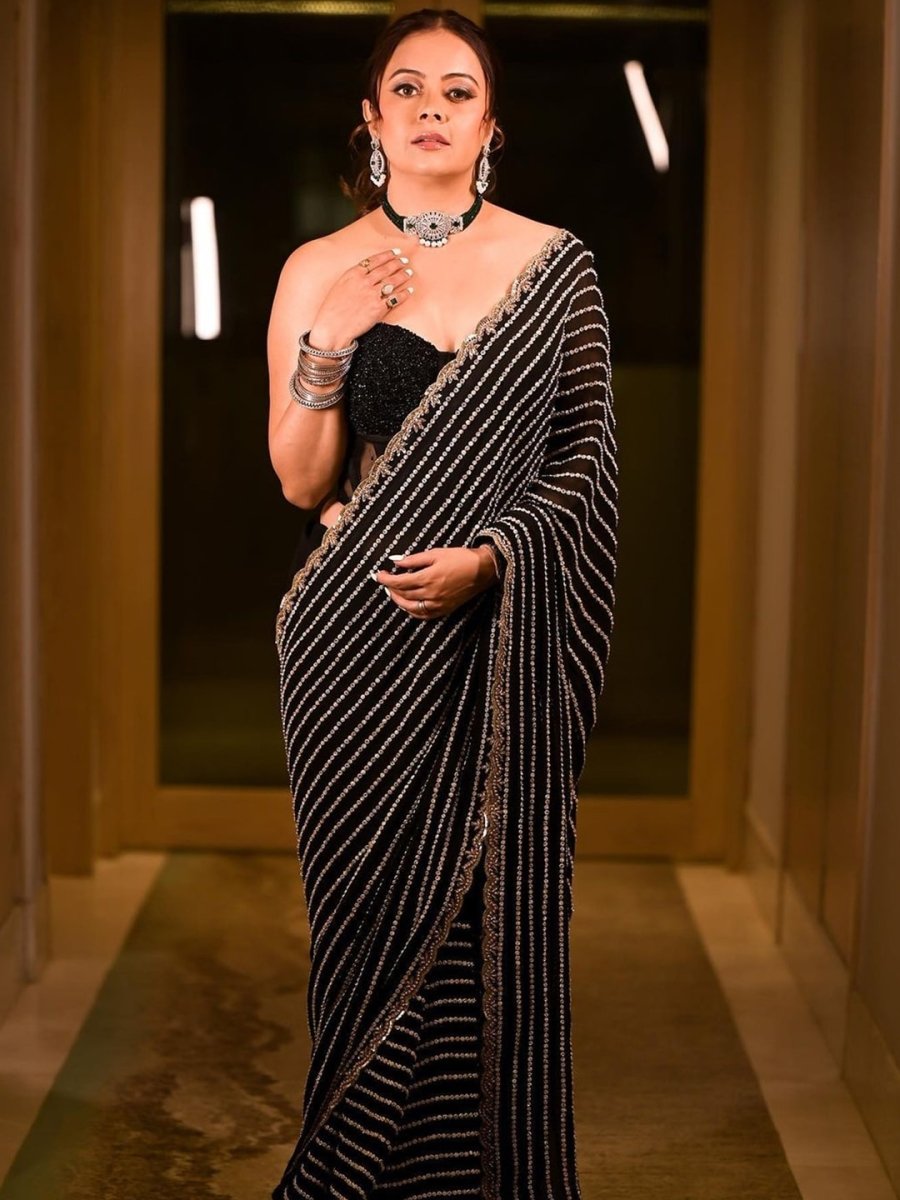 Anouk Black & Gold-Toned Sequin Embellished Georgette Saree - Distacart