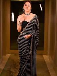 Thumbnail for Anouk Black & Gold-Toned Sequin Embellished Georgette Saree - Distacart