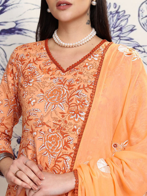 Vishudh Peach Floral Printed Regular Pure Cotton Kurta with Trousers & Dupatta - Distacart