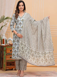 Thumbnail for Floral Printed Regular Pure Cotton Straight Kurta with Palazzos & With Dupatta (Grey) - Rasiya