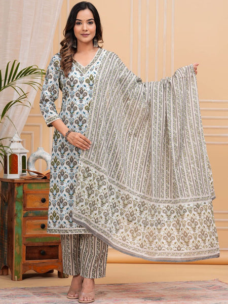 Floral Printed Regular Pure Cotton Straight Kurta with Palazzos & With Dupatta (Grey) - Rasiya