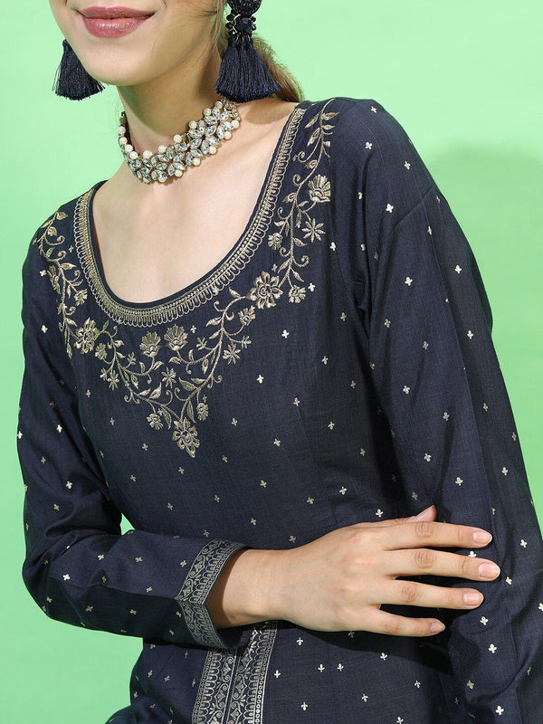 Vishudh Women Navy Blue Floral Embroidered Empire Kurta with Palazzos - Distacart