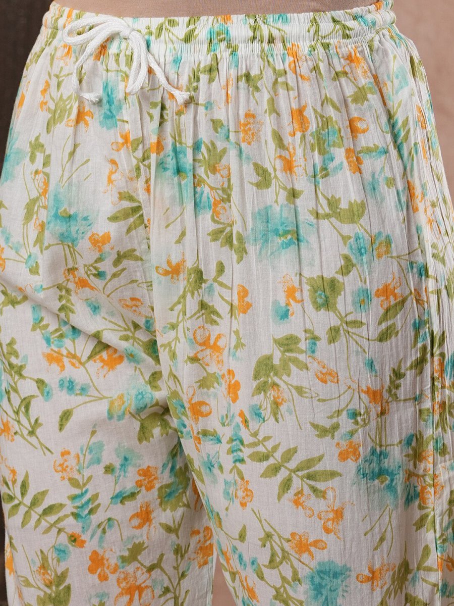 ADA Floral Printed Round Neck Regular Lucknowi Chikankari Kurta with Trousers - Distacart