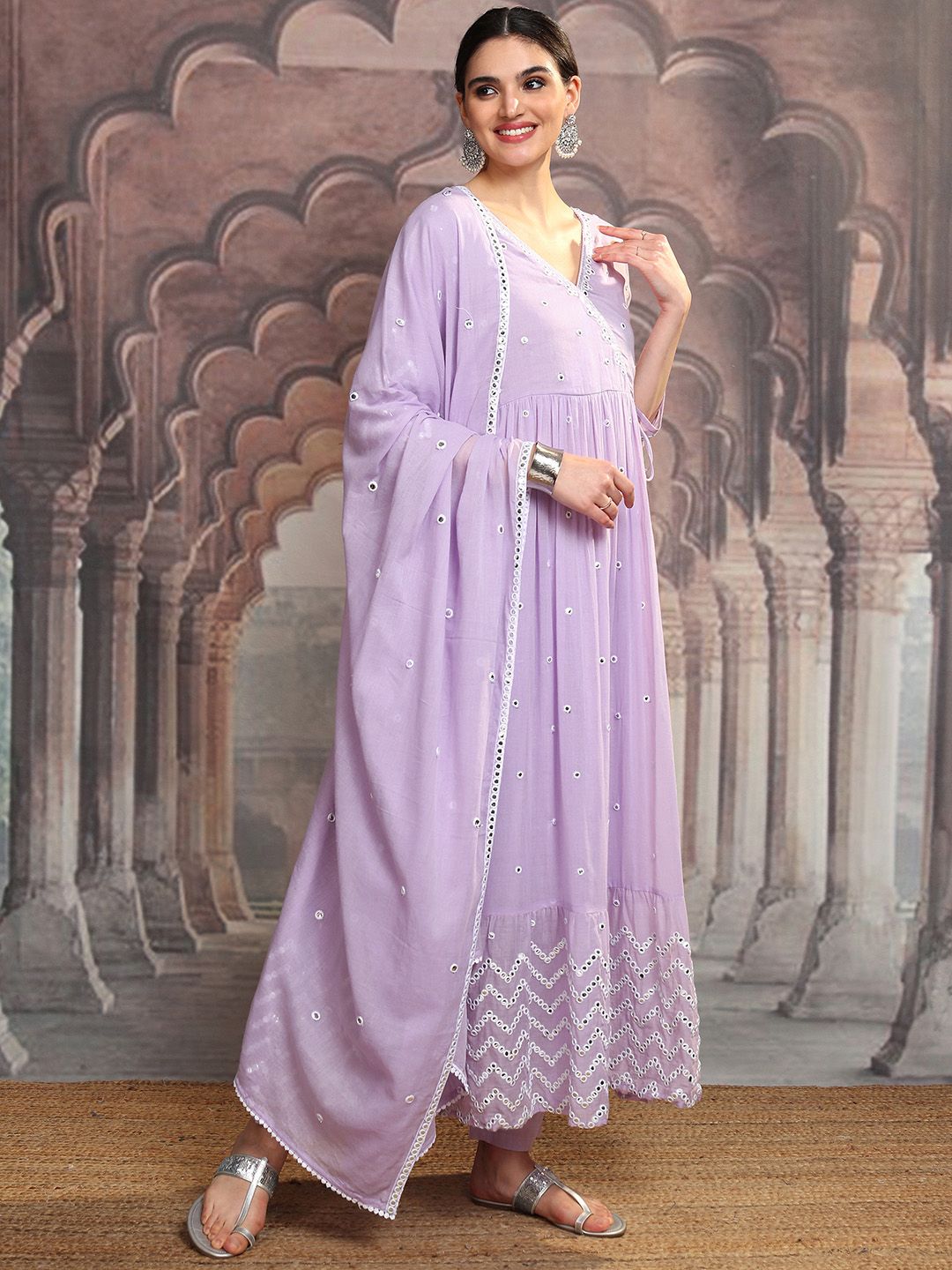 Vishudh Lavender Mirror Work Pure Cotton Anarkali Kurta With Trousers & Dupatta - Distacart