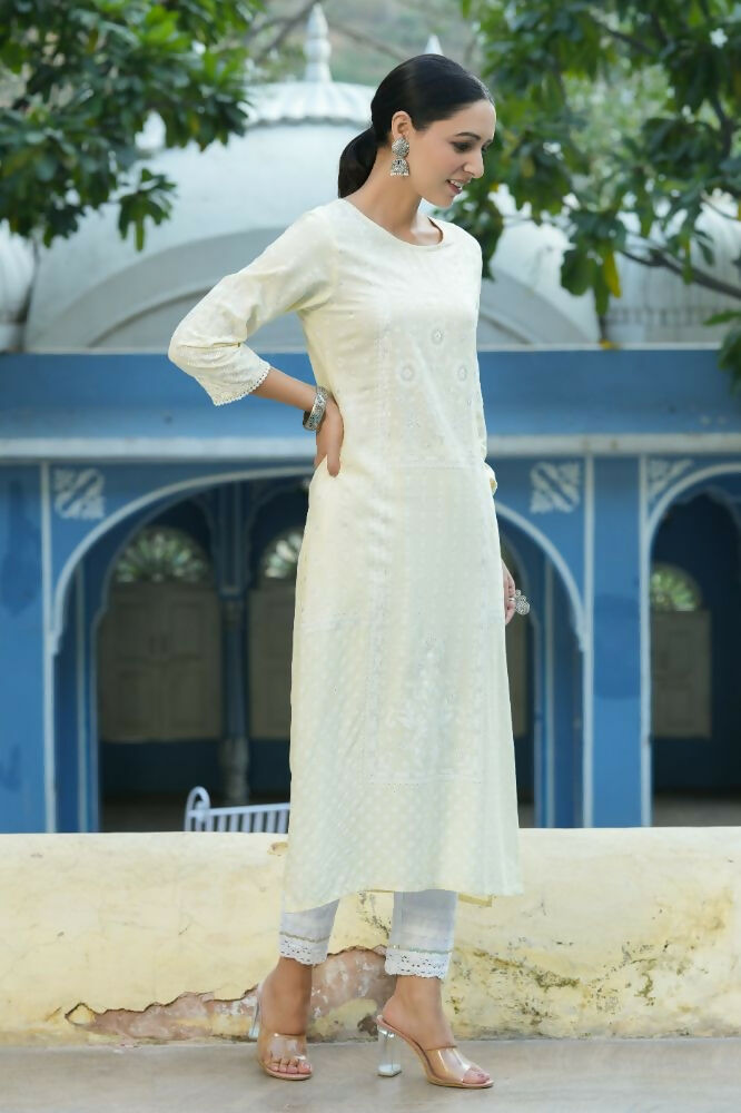 Juniper Light Yellow Ethnic Motif Printed Rayon Kurta With Lace Work - Distacart