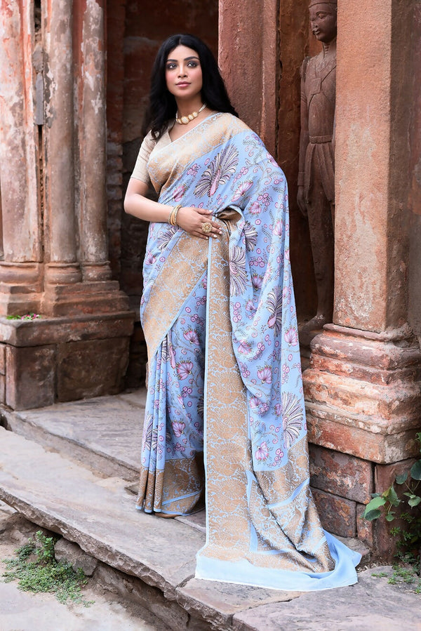 Joban Fashion Light Blue Crepe Chiffon Pure Handloom Banarasi Silk Saree