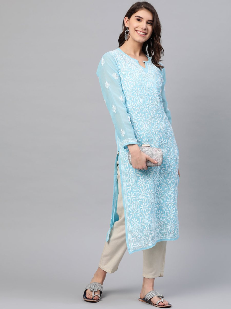 ADA Women Blue & White Chikankari Embroidered Straight Sustainable Handloom Kurta with Inner - Distacart