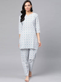 Thumbnail for Anubhutee White & Blue Pure Cotton Printed Night suit - Distacart