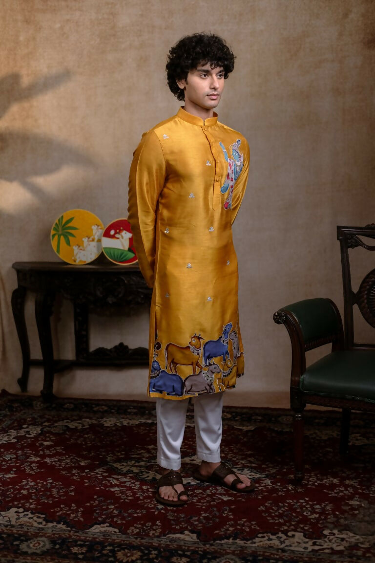 Falling Raw Silk Yellow Mural Krishna By Hilo Design