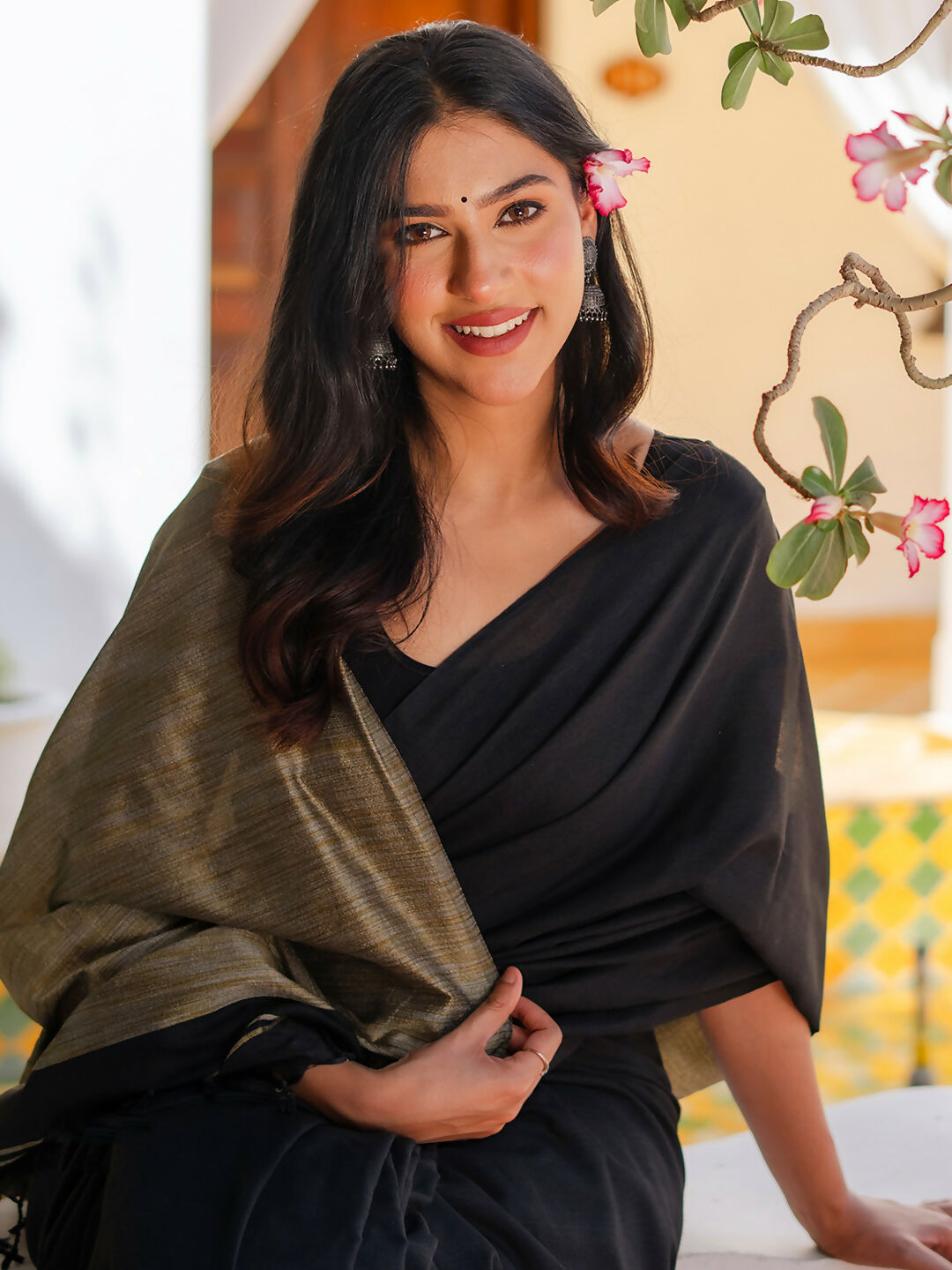 Zibaa Black & Gold Mul Cotton Saree