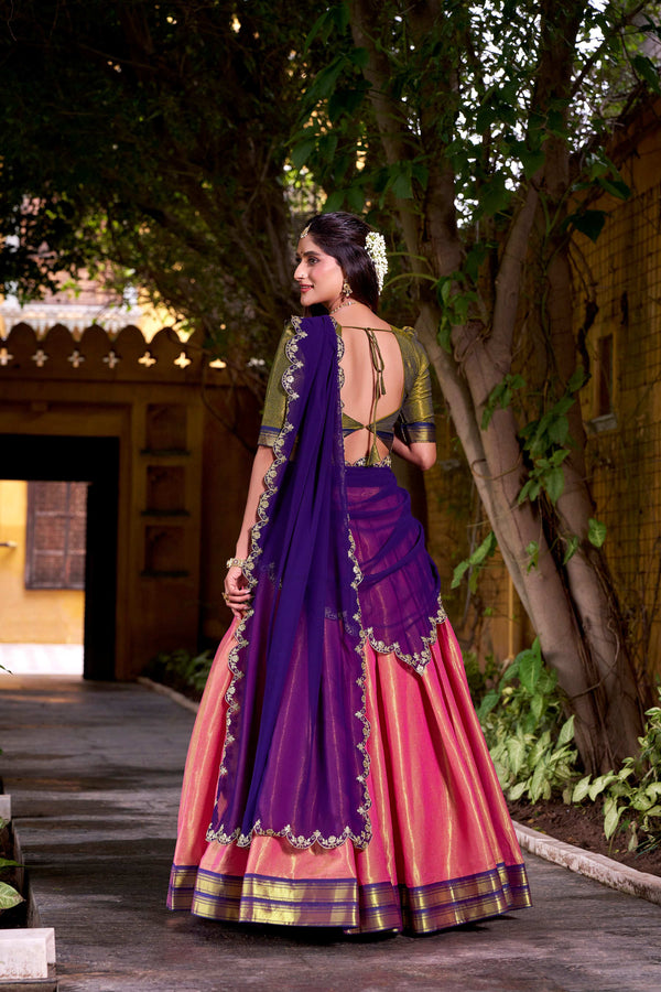Evanik Coral South-style Kanchipuram silk lehenga With Unstitched Blouse & Dupatta