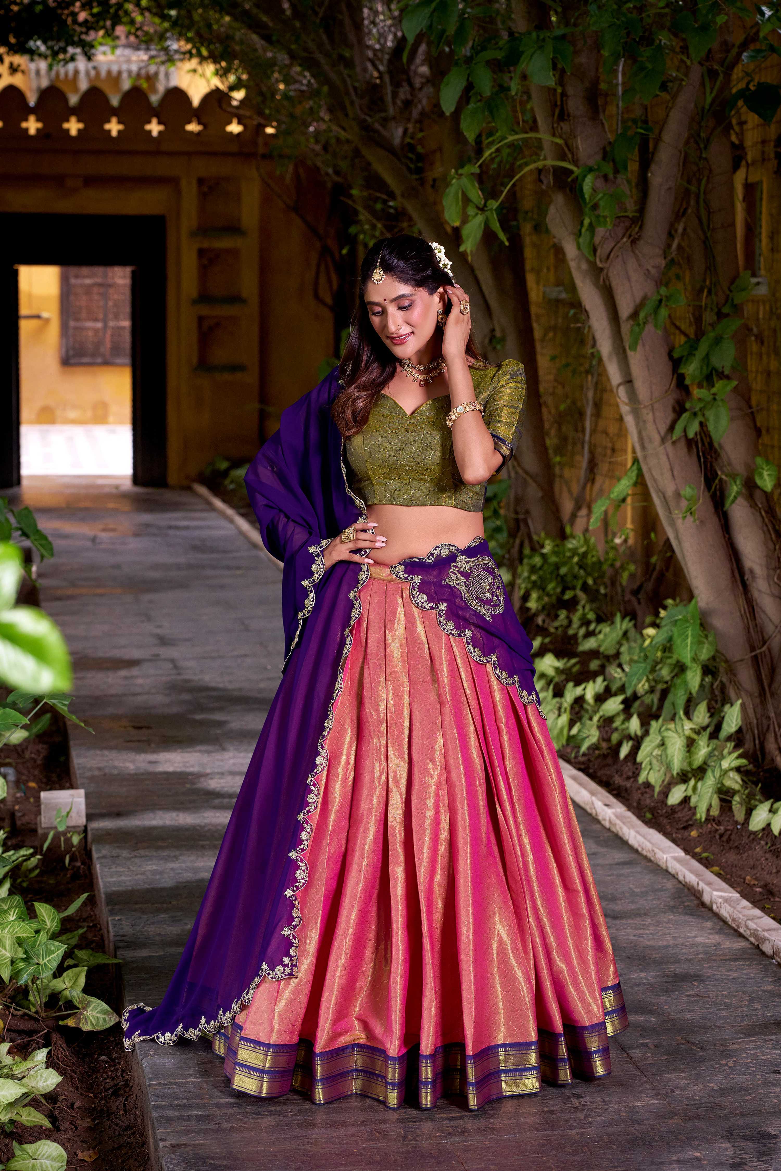Evanik Coral South-style Kanchipuram silk lehenga With Unstitched Blouse & Dupatta