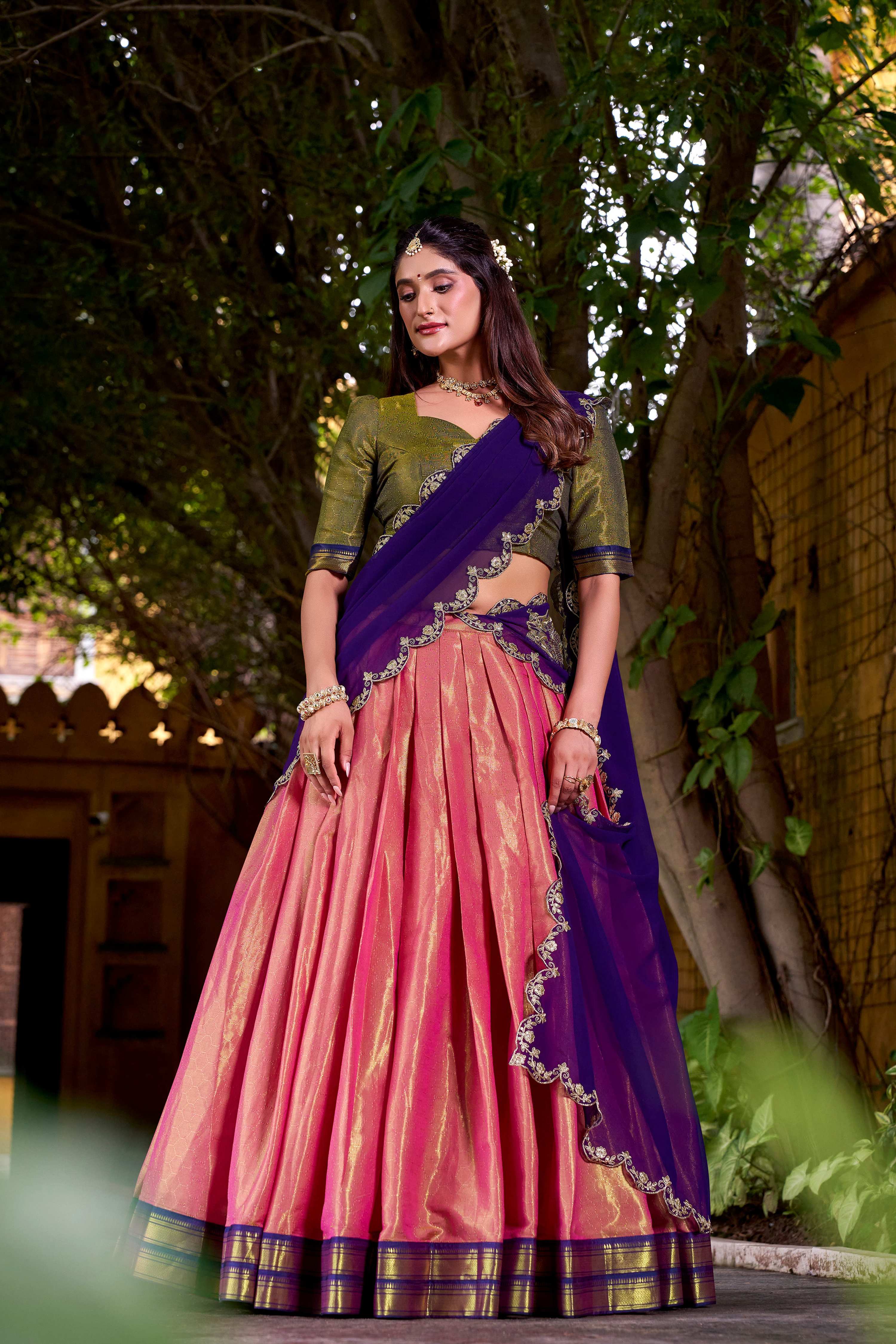 Evanik Coral South-style Kanchipuram silk lehenga With Unstitched Blouse & Dupatta