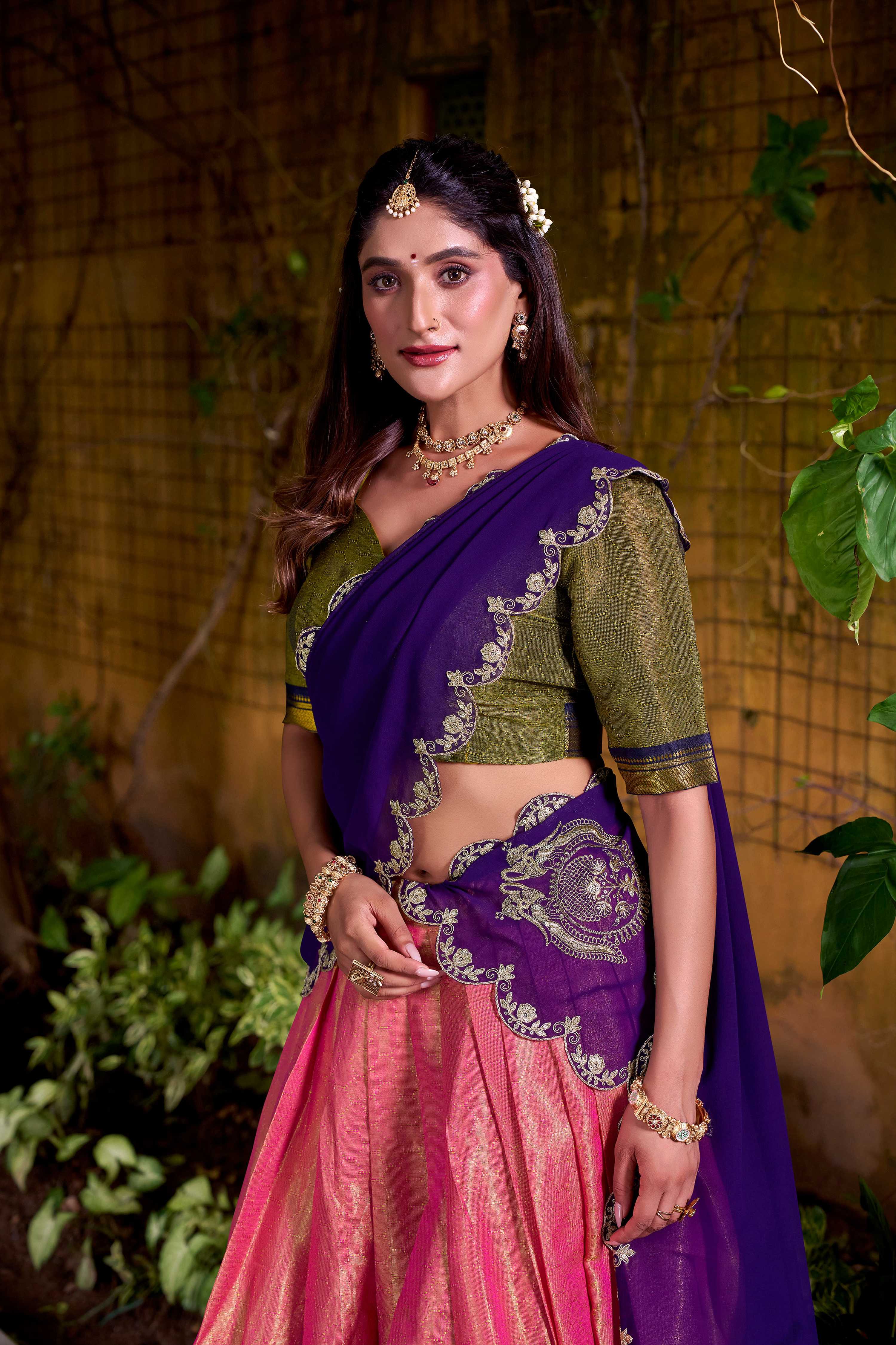 Evanik Coral South-style Kanchipuram silk lehenga With Unstitched Blouse & Dupatta