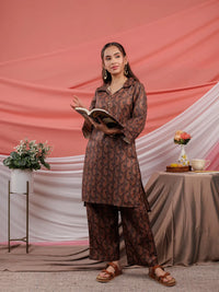 Thumbnail for Yufta Cotton Black Digital Printed Workwear Co-Ord Set With Pintuck Detailing On Sleeves