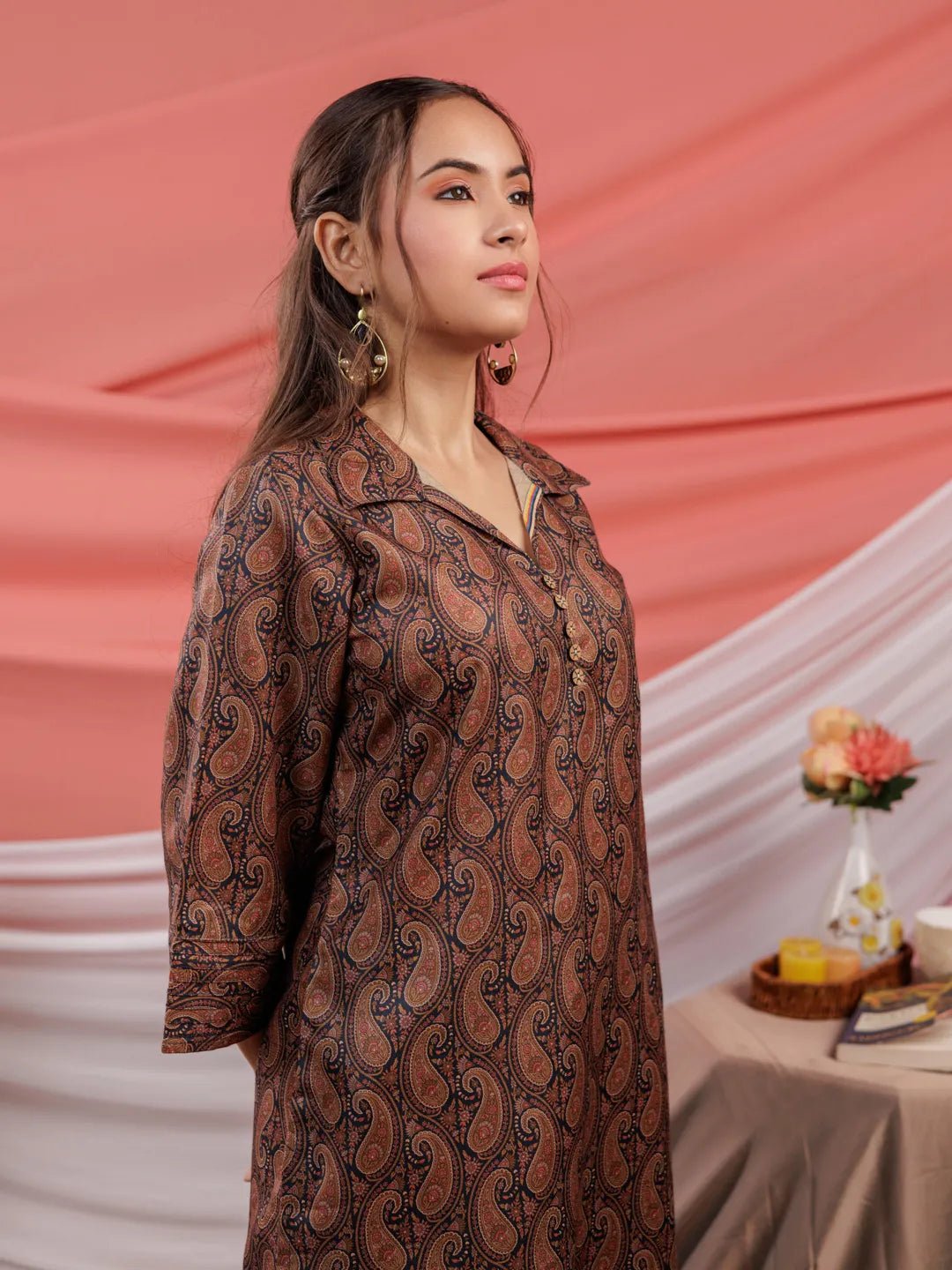 Yufta Cotton Black Digital Printed Workwear Co-Ord Set With Pintuck Detailing On Sleeves