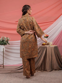 Thumbnail for Yufta Cotton Brown Digital Printed Work Wear Co-Ord Set With Pintuck Detailing On Sleeves