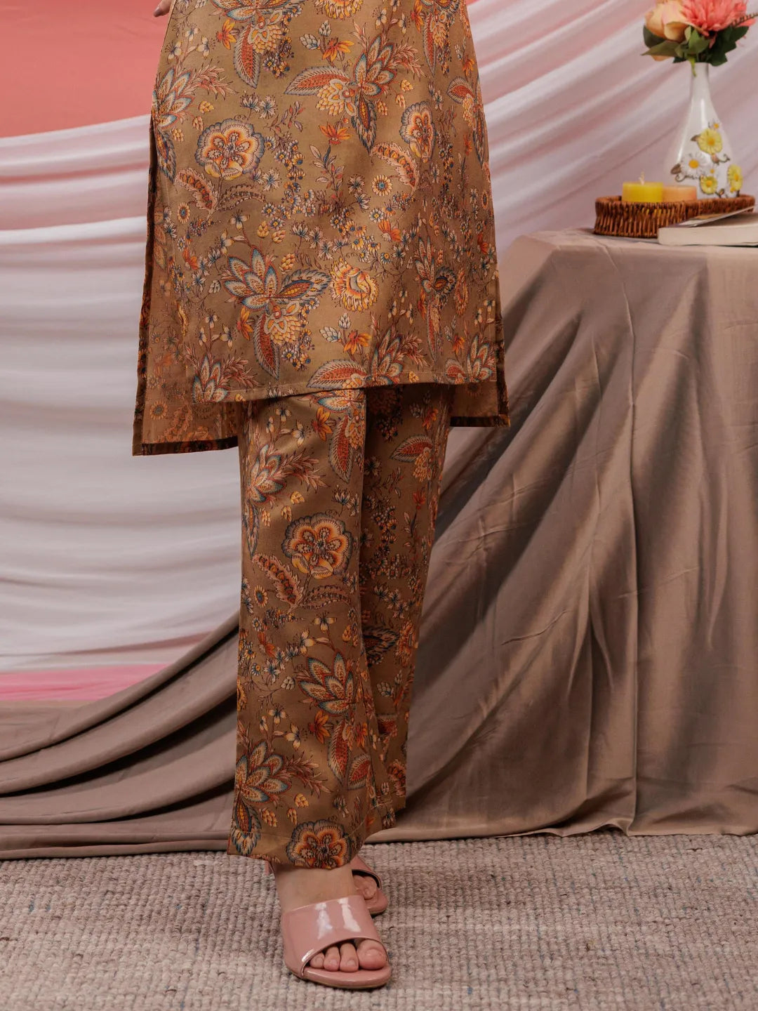 Yufta Cotton Brown Digital Printed Work Wear Co-Ord Set With Pintuck Detailing On Sleeves